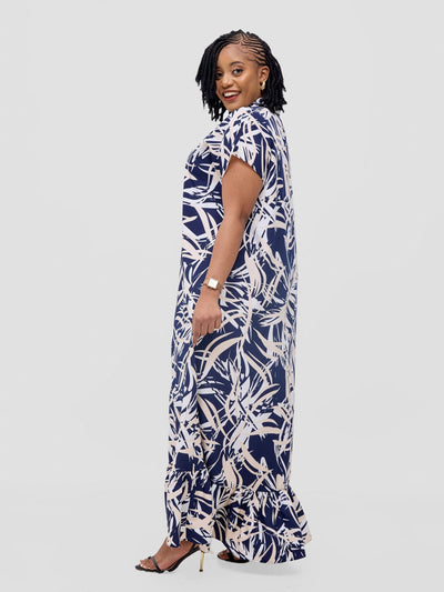 Vivo Asha Drop Shoulder Maxi Shirt Dress - Navy / Cream Bia Print - Shopzetu