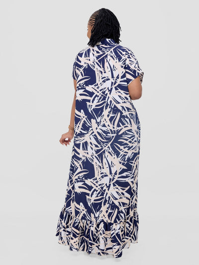 Vivo Asha Drop Shoulder Maxi Shirt Dress - Navy / Cream Bia Print - Shopzetu