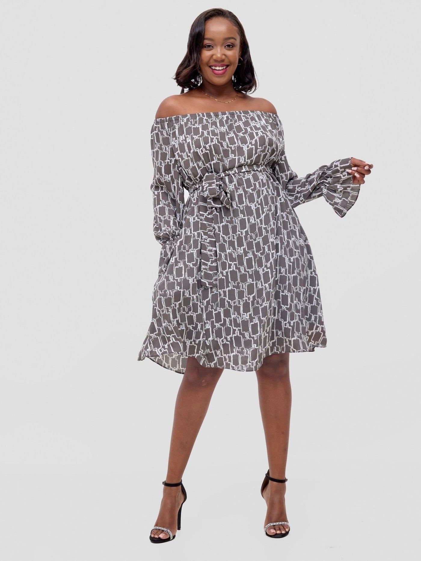 Vivo Jema Off Shoulder Tent Knee Length Dress - Grey / White Print - Shopzetu