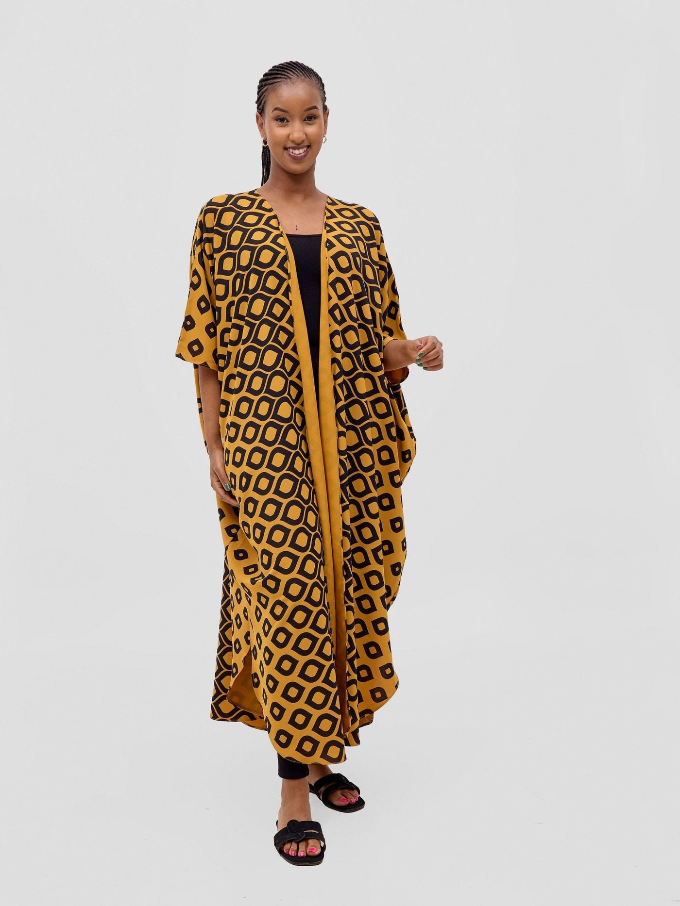 Vivo Basic Open Kaftan - Mustard Ayla Print - Shopzetu