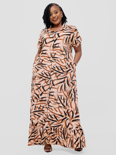 Vivo Asha Drop Shoulder Maxi Shirt Dress - Tan / Black Bia Print - Shopzetu