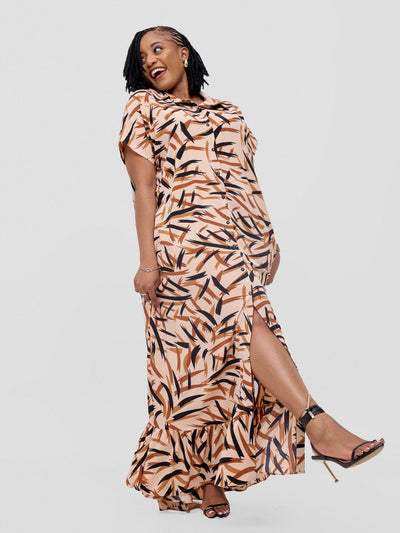 Vivo Asha Drop Shoulder Maxi Shirt Dress - Tan / Black Bia Print - Shopzetu