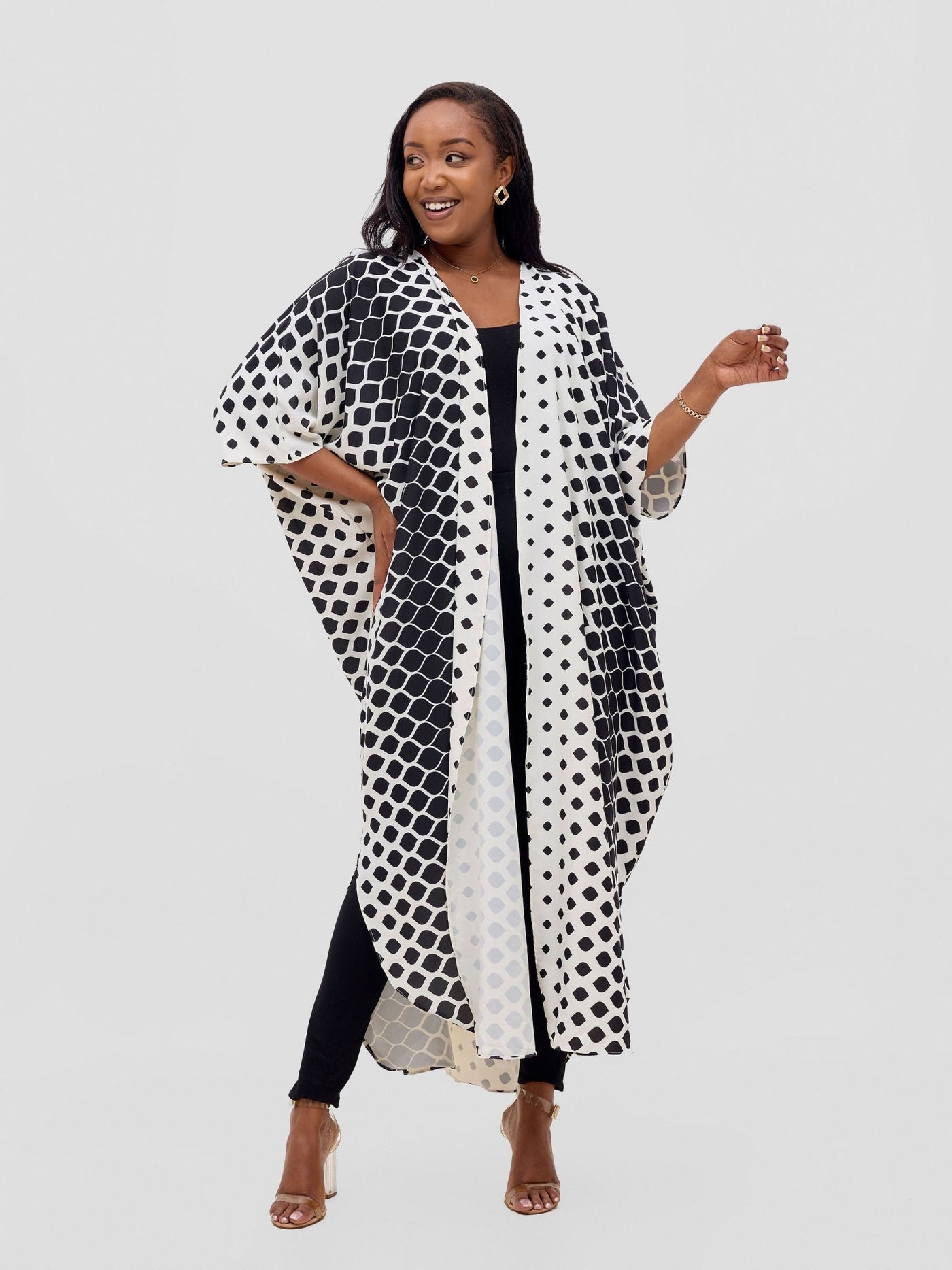 Basic Open Kaftan - White / Black Print - Shopzetu