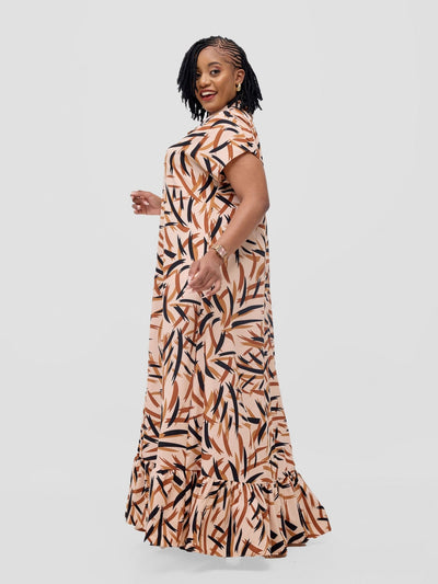 Vivo Asha Drop Shoulder Maxi Shirt Dress - Tan / Black Bia Print - Shopzetu