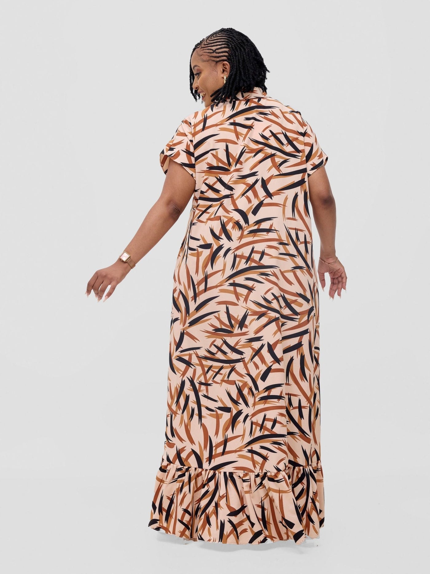 Vivo Asha Drop Shoulder Maxi Shirt Dress - Tan / Black Bia Print - Shopzetu