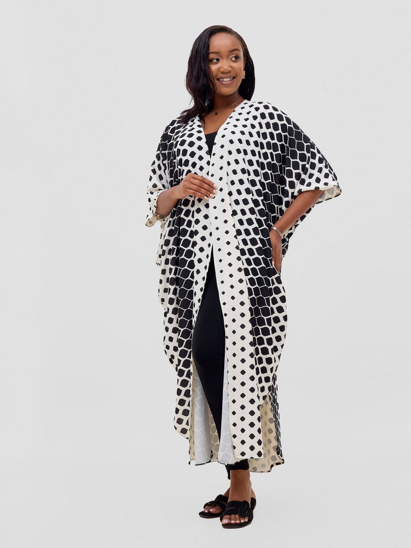 Basic Open Kaftan - White / Black Print - Shopzetu