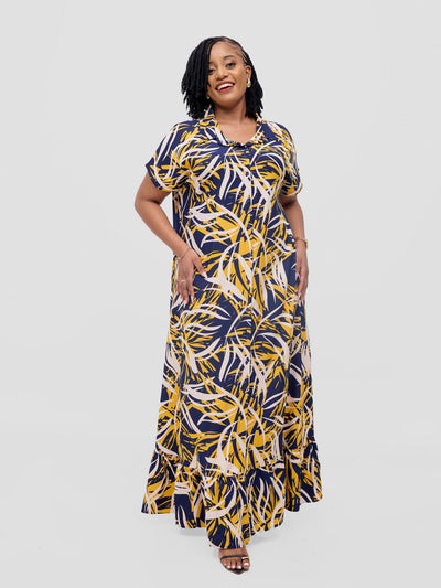 Vivo Asha Drop Shoulder Maxi Shirt Dress - Yellow / Navy Bia Print - Shopzetu