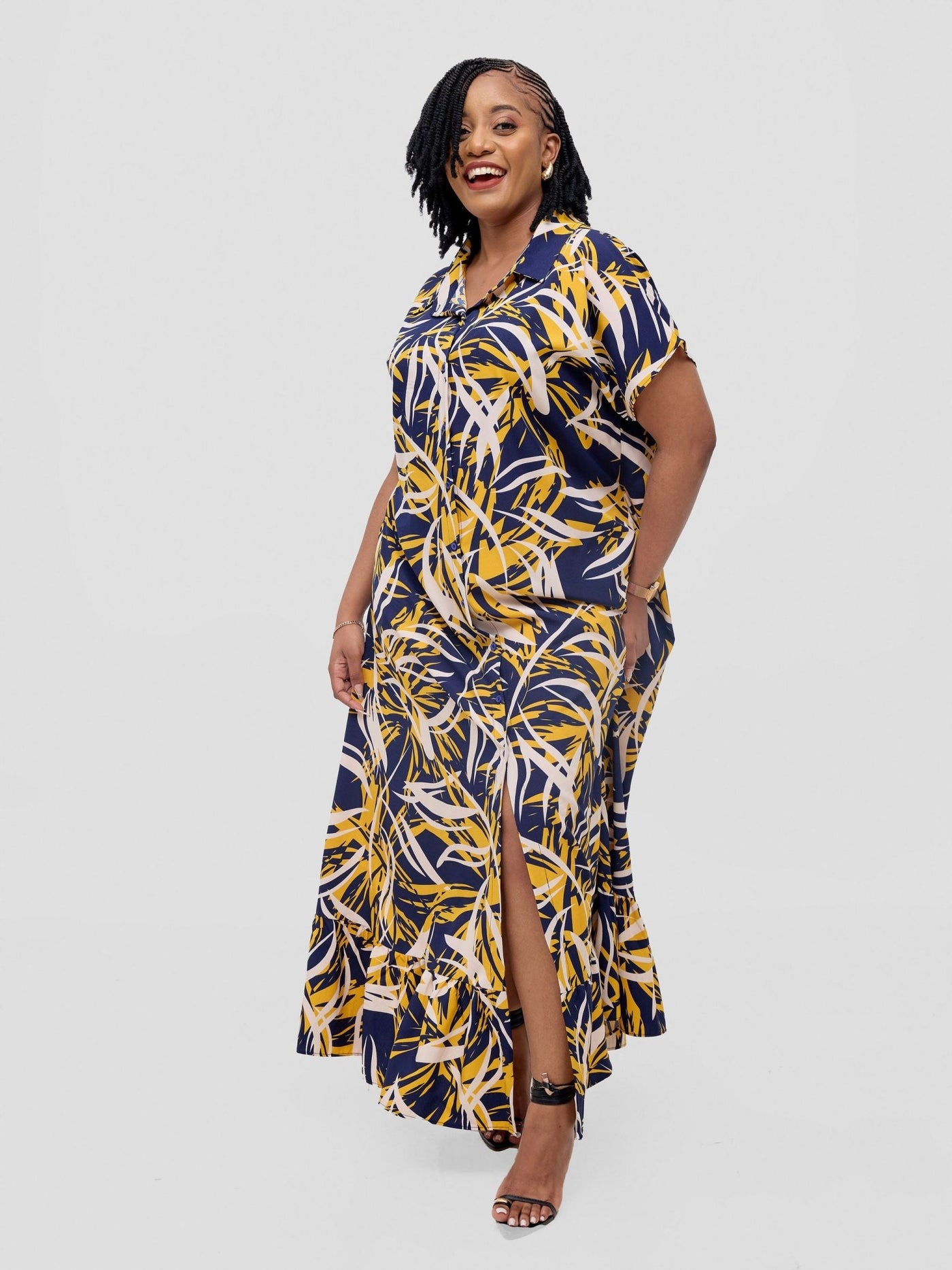 Vivo Asha Drop Shoulder Maxi Shirt Dress - Yellow / Navy Bia Print - Shopzetu