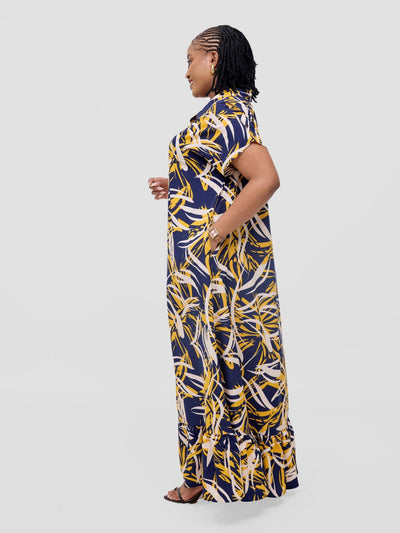 Vivo Asha Drop Shoulder Maxi Shirt Dress - Yellow / Navy Bia Print - Shopzetu