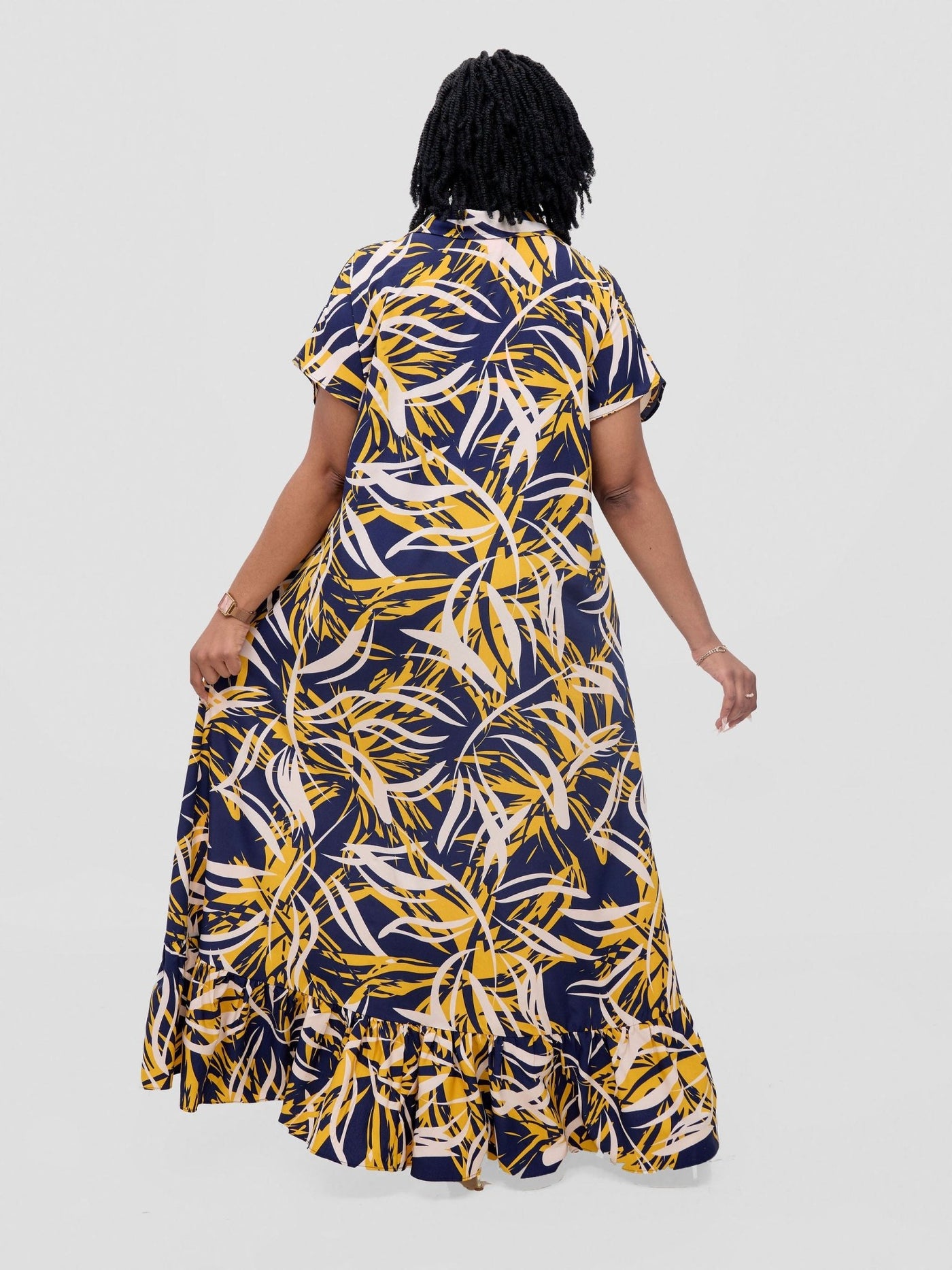 Vivo Asha Drop Shoulder Maxi Shirt Dress - Yellow / Navy Bia Print - Shopzetu