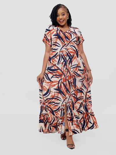 Vivo Asha Drop Shoulder Maxi Shirt Dress - Cream / Rust Bia Print - Shopzetu