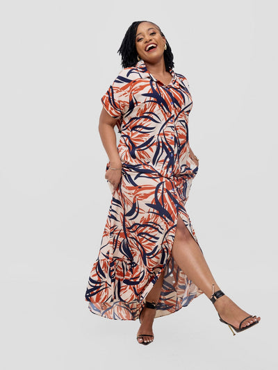 Vivo Asha Drop Shoulder Maxi Shirt Dress - Cream / Rust Bia Print - Shopzetu