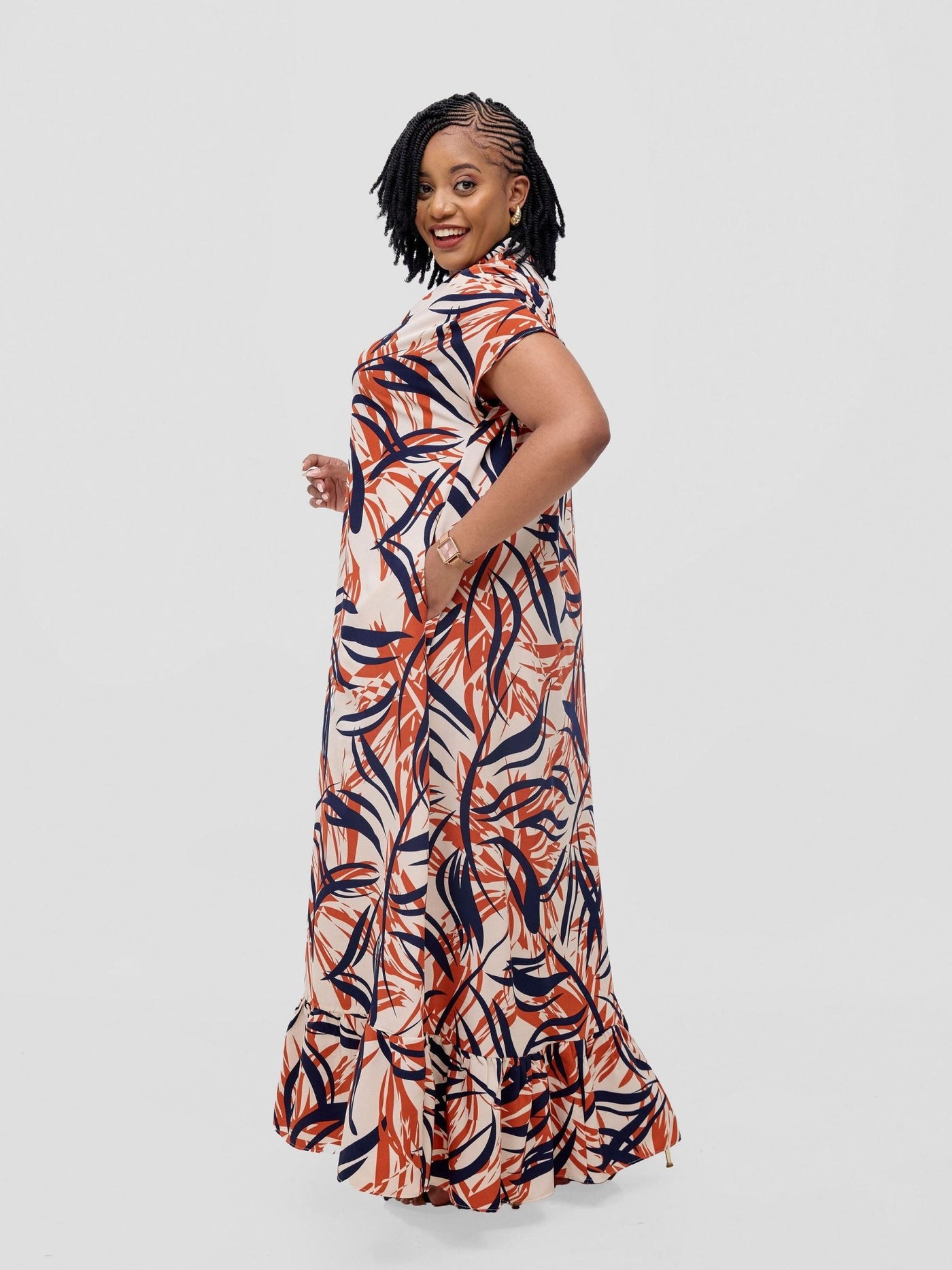 Vivo Asha Drop Shoulder Maxi Shirt Dress - Cream / Rust Bia Print - Shopzetu