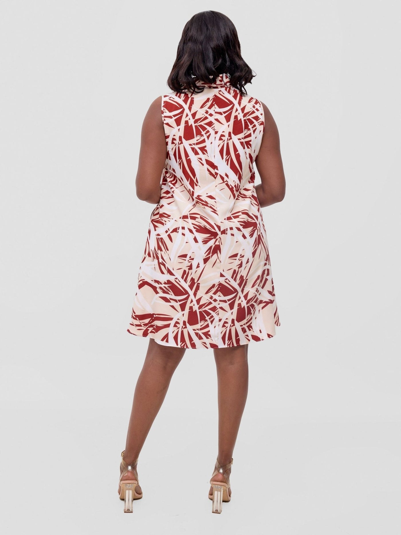 Vivo Asha Sleeveless Knee Length Dress - Cream / Maroon Print - Shopzetu