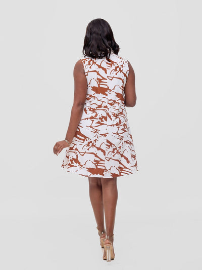 Vivo Asha Sleeveless Knee Length Dress - Off White / Brown Print - Shopzetu