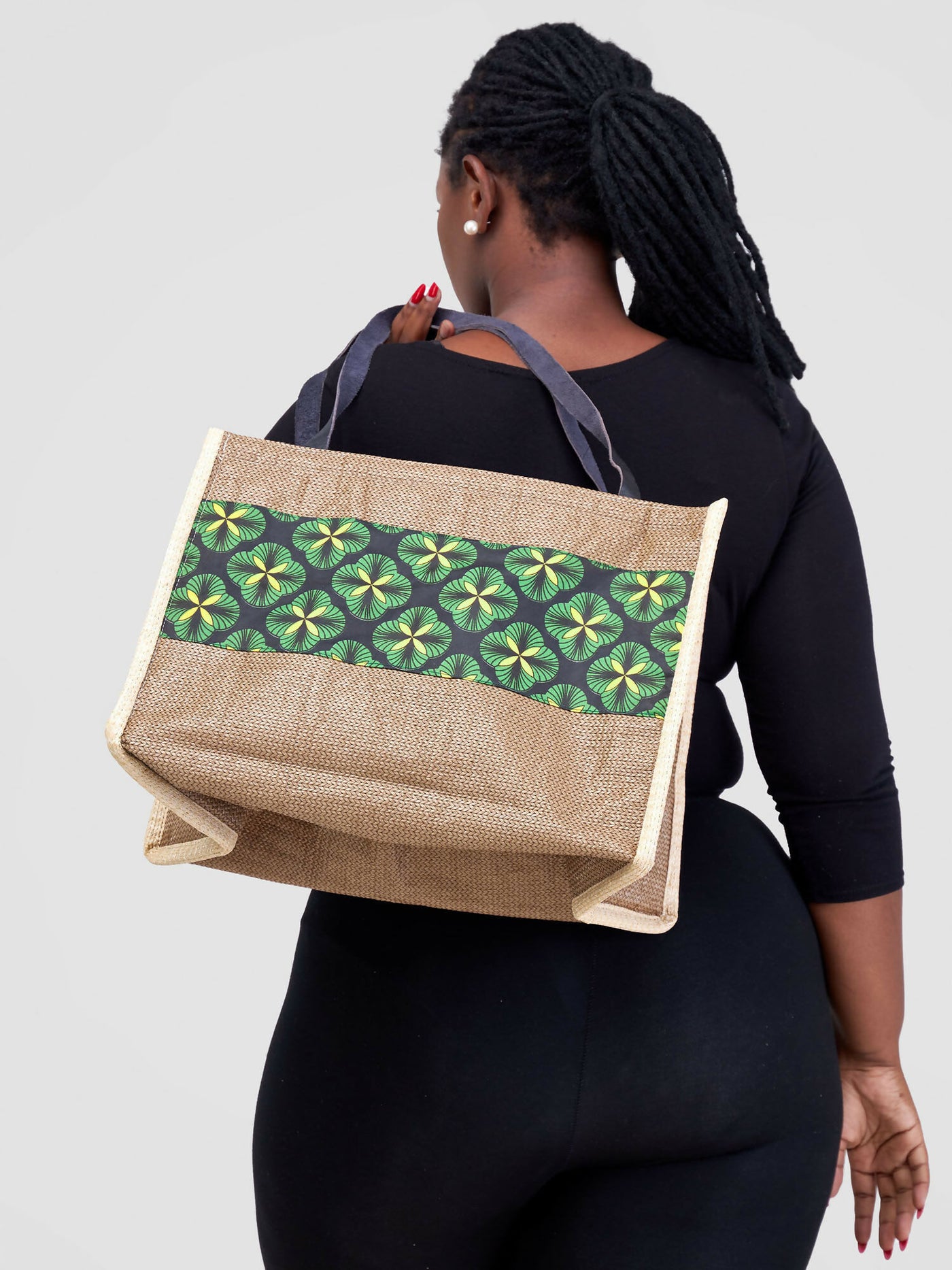 Jute Tote Bag - Brown / Green Print