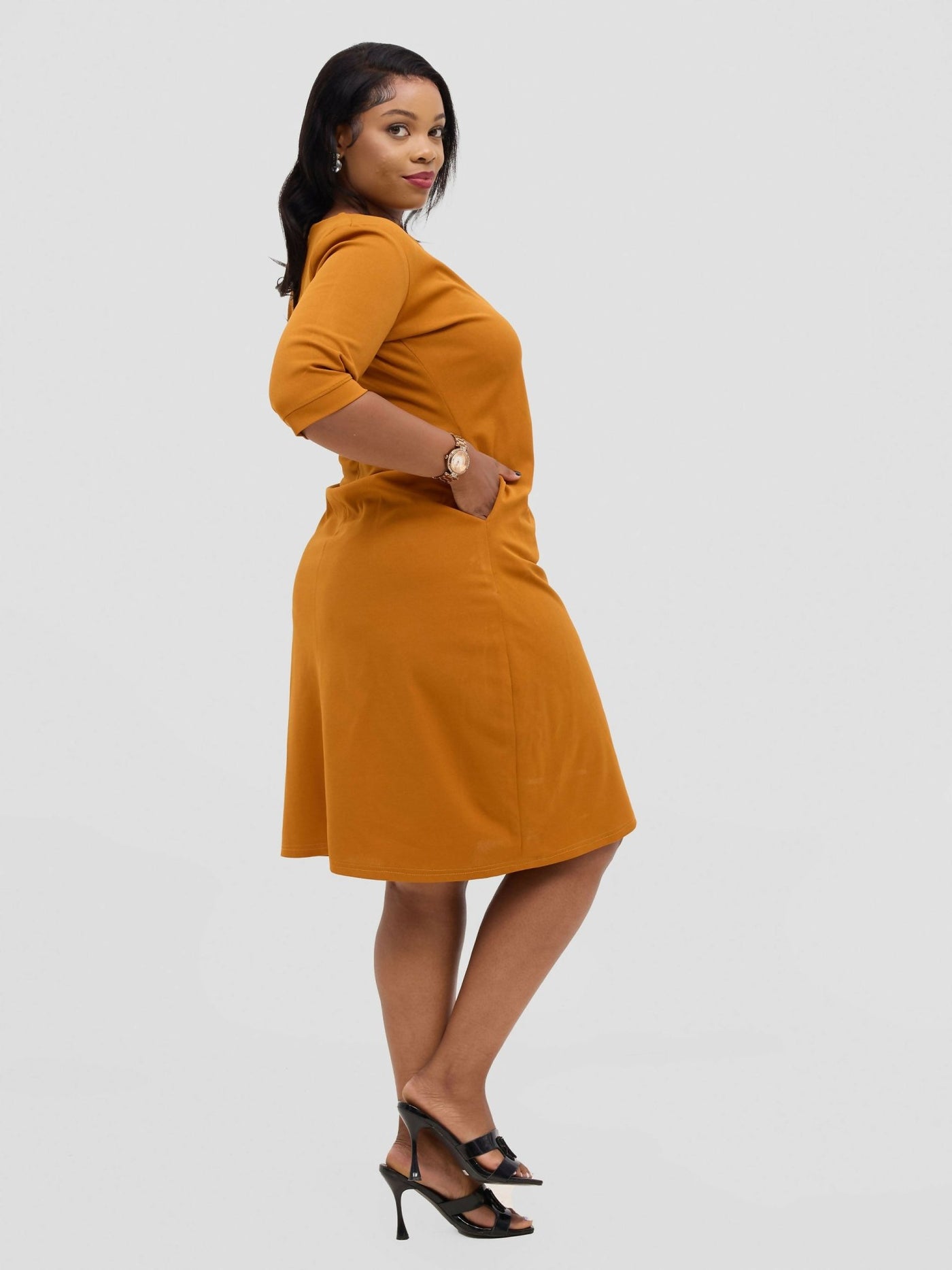 TimyT Urban Wear Serene Curve - 3/4 sleeved with V - neck line Dress - Mustard - Shopzetu