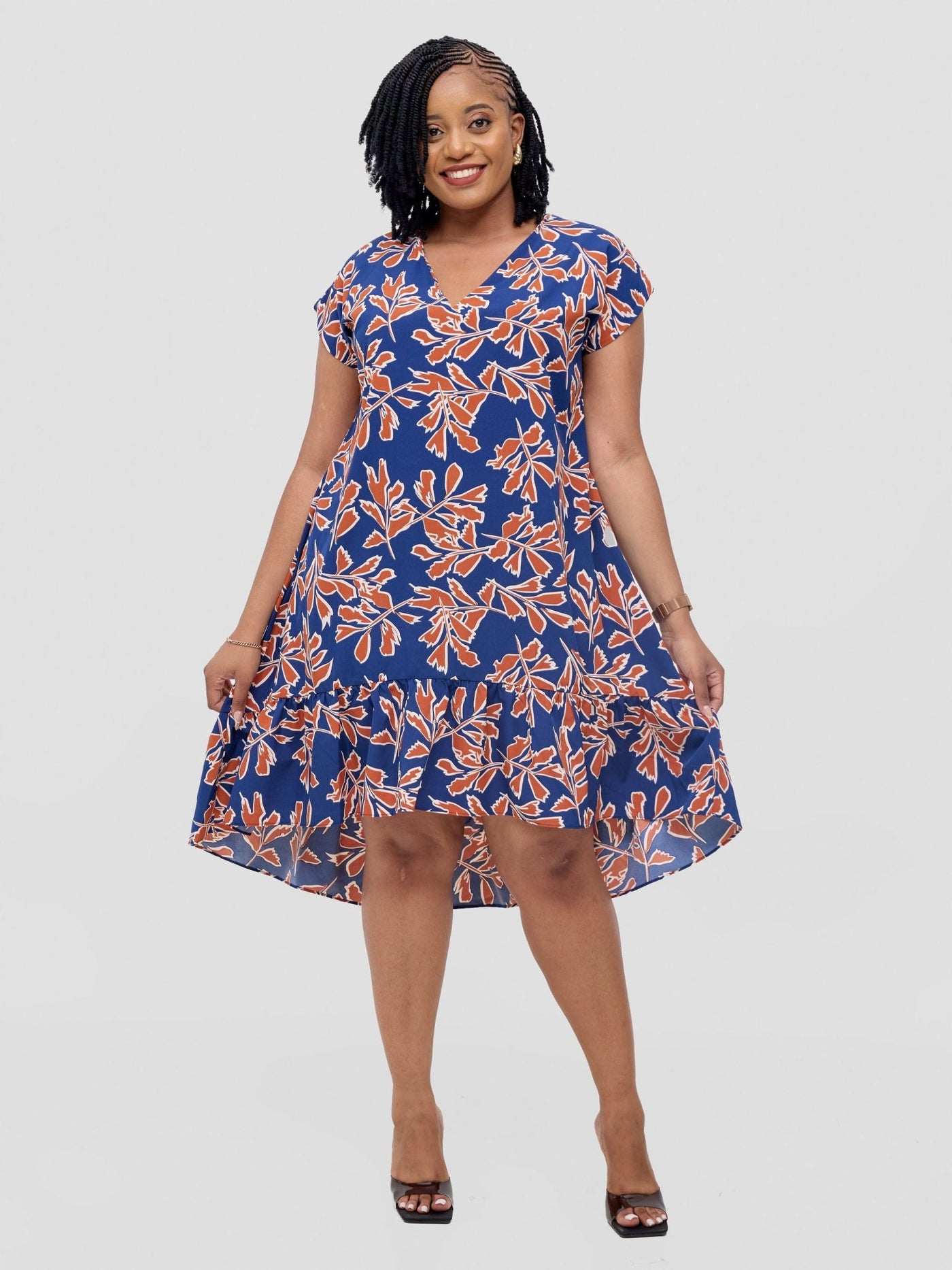 Asha Drop Shoulder Knee Length Dress - Blue / Rust Floral Print - Shopzetu