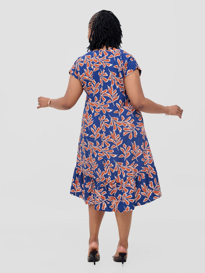 Asha Drop Shoulder Knee Length Dress - Blue / Rust Floral Print - Shopzetu