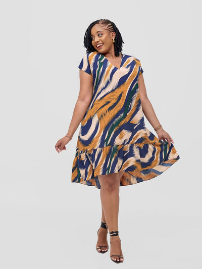 Asha Drop Shoulder Knee Length Dress - Navy Aku Print - Shopzetu