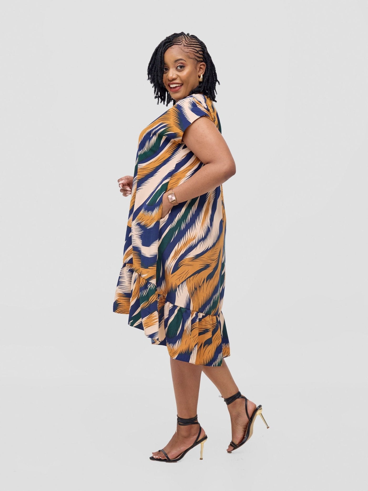 Asha Drop Shoulder Knee Length Dress - Navy Aku Print - Shopzetu