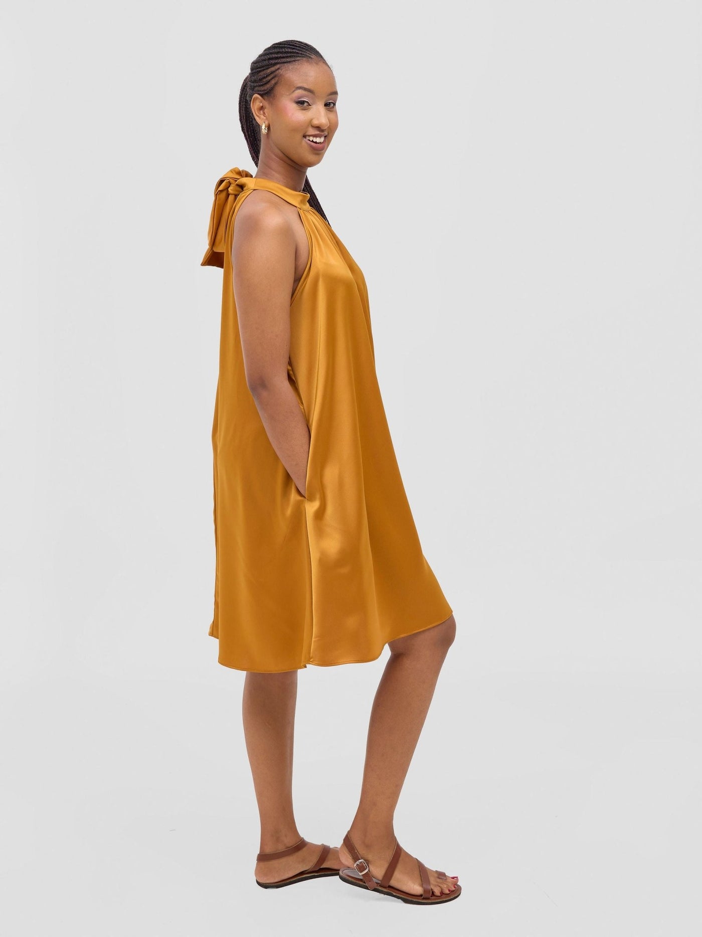 Vivo Meli Halter Neck Dress - Mustard - Shopzetu