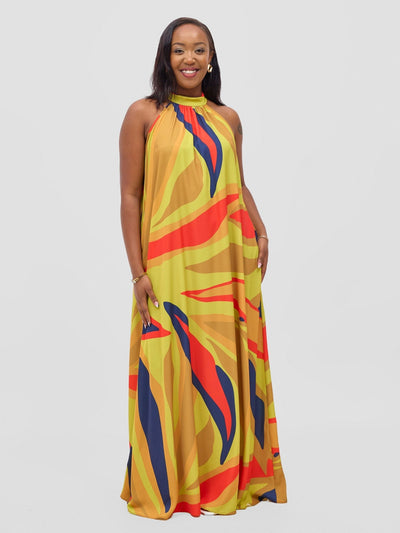 Vivo Kelemi Halter Maxi Dress - Lime / Red Lana Print - Shopzetu