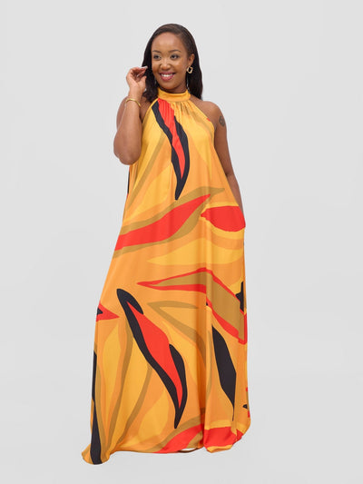 Vivo Kelemi Halter Maxi Dress - Mustard / Red Lana Print - Shopzetu