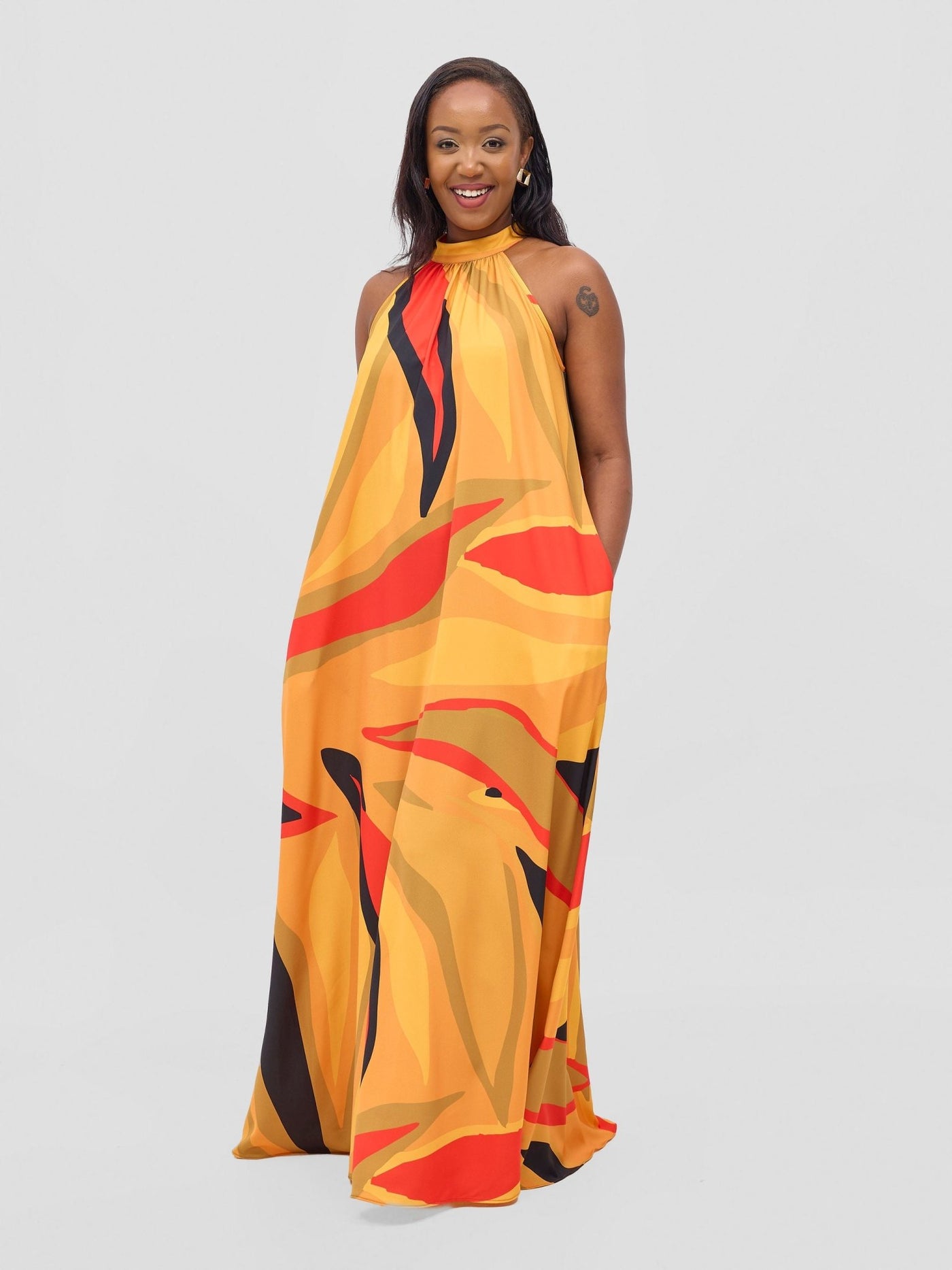 Vivo Kelemi Halter Maxi Dress - Mustard / Red Lana Print - Shopzetu