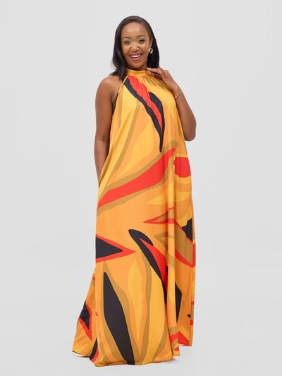 Vivo Kelemi Halter Maxi Dress - Mustard / Red Lana Print - Shopzetu