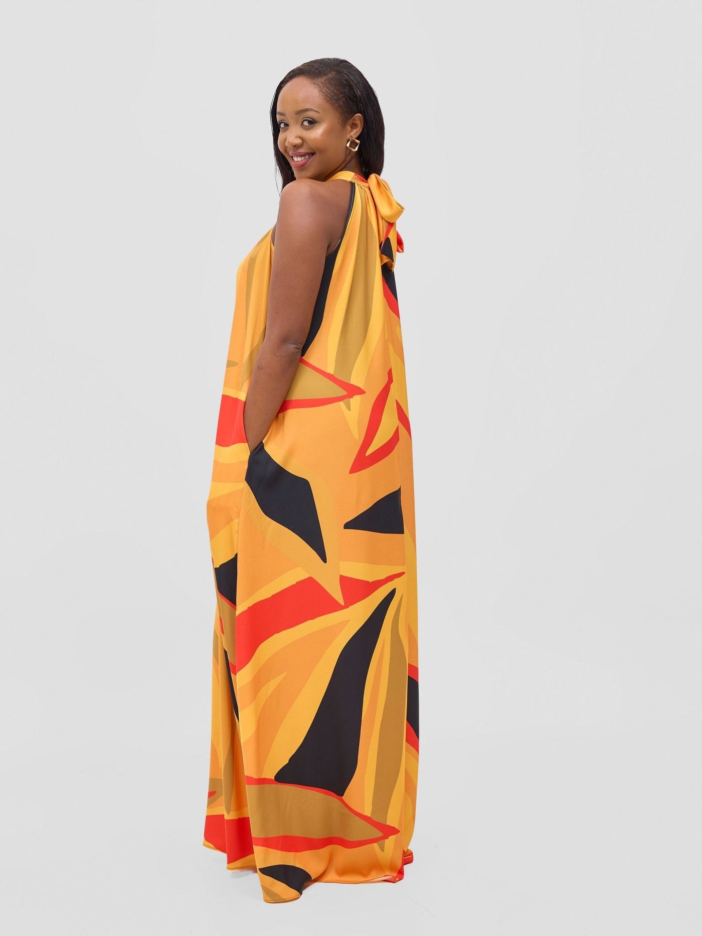 Vivo Kelemi Halter Maxi Dress - Mustard / Red Lana Print - Shopzetu