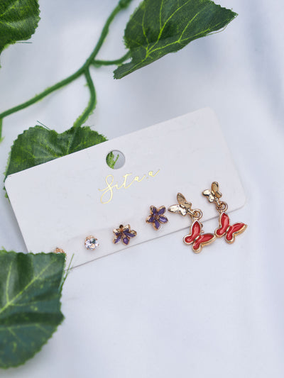 Mona Butterfly Studs Set - Red/Gold