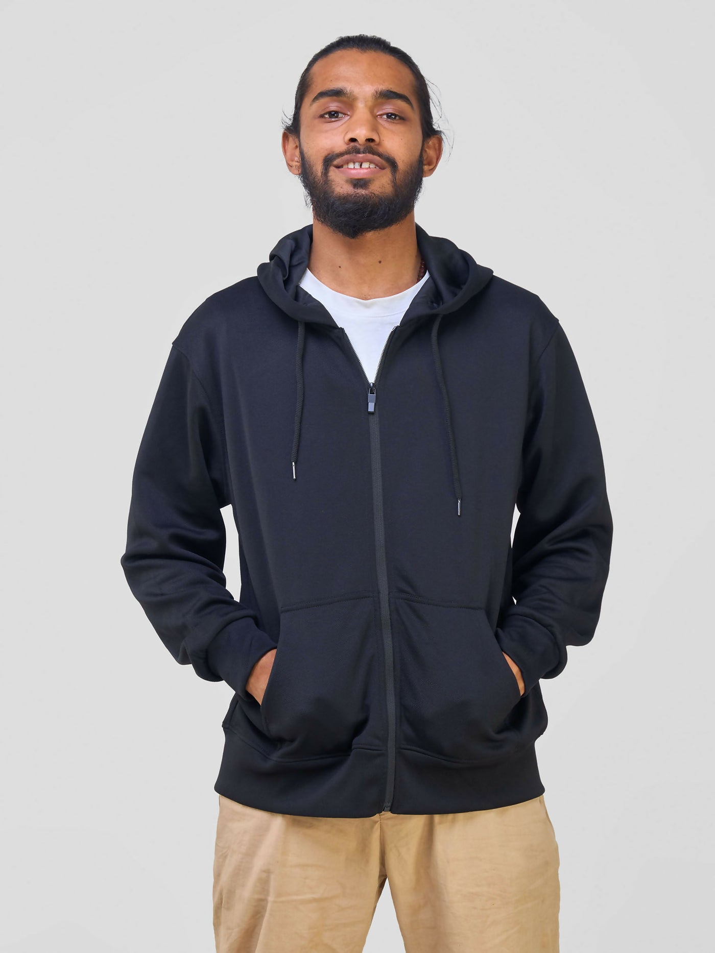 Round Neck with Zip Hoodie - Black - Shopzetu