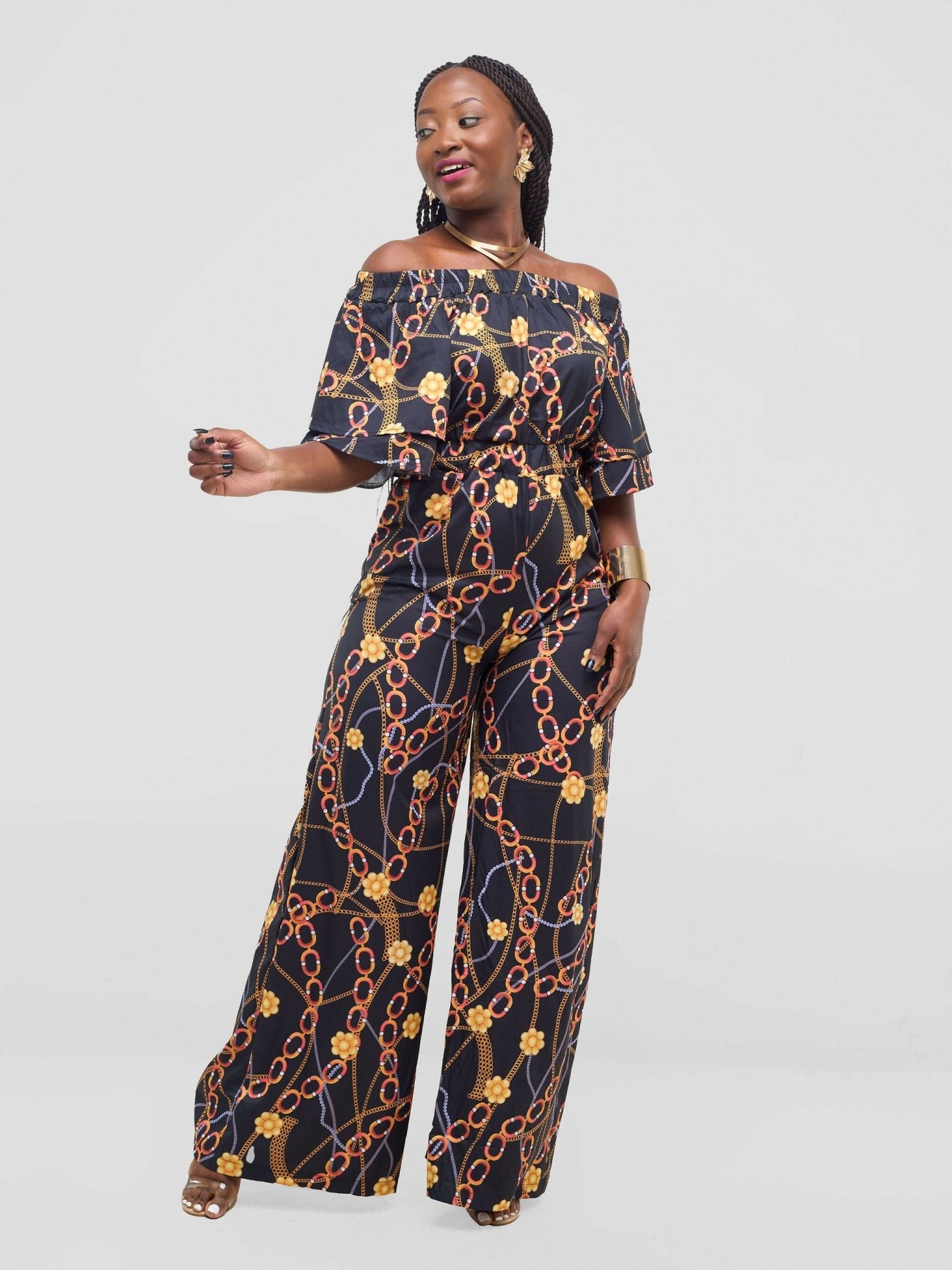 Stylish Sisters Fancy Off - Shoulder Jumpsuit - Black / Gold - Shopzetu