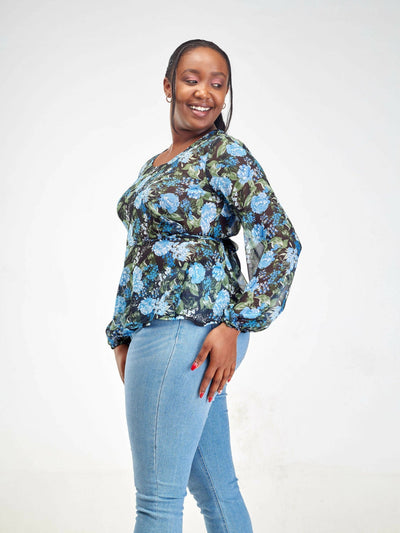 Silk House Collection Hulya Top - Blue Floral Print - Shopzetu