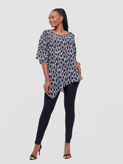 Vivo Sana Asymmetrical Angel Sleeve Top - Black / White Print - Shopzetu