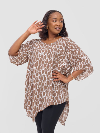 Vivo Sana Asymmetrical Angel Sleeve Top - Brown / White Print - Shopzetu