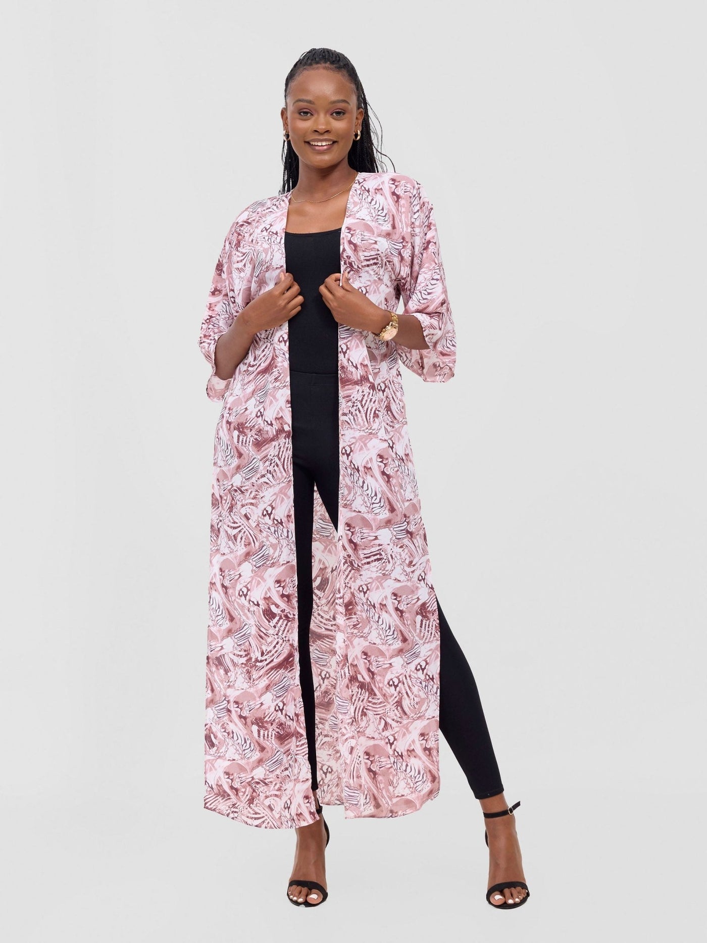 Basic Nandi High Slit Kimono - Blush Pink / White Idu Print - Shopzetu