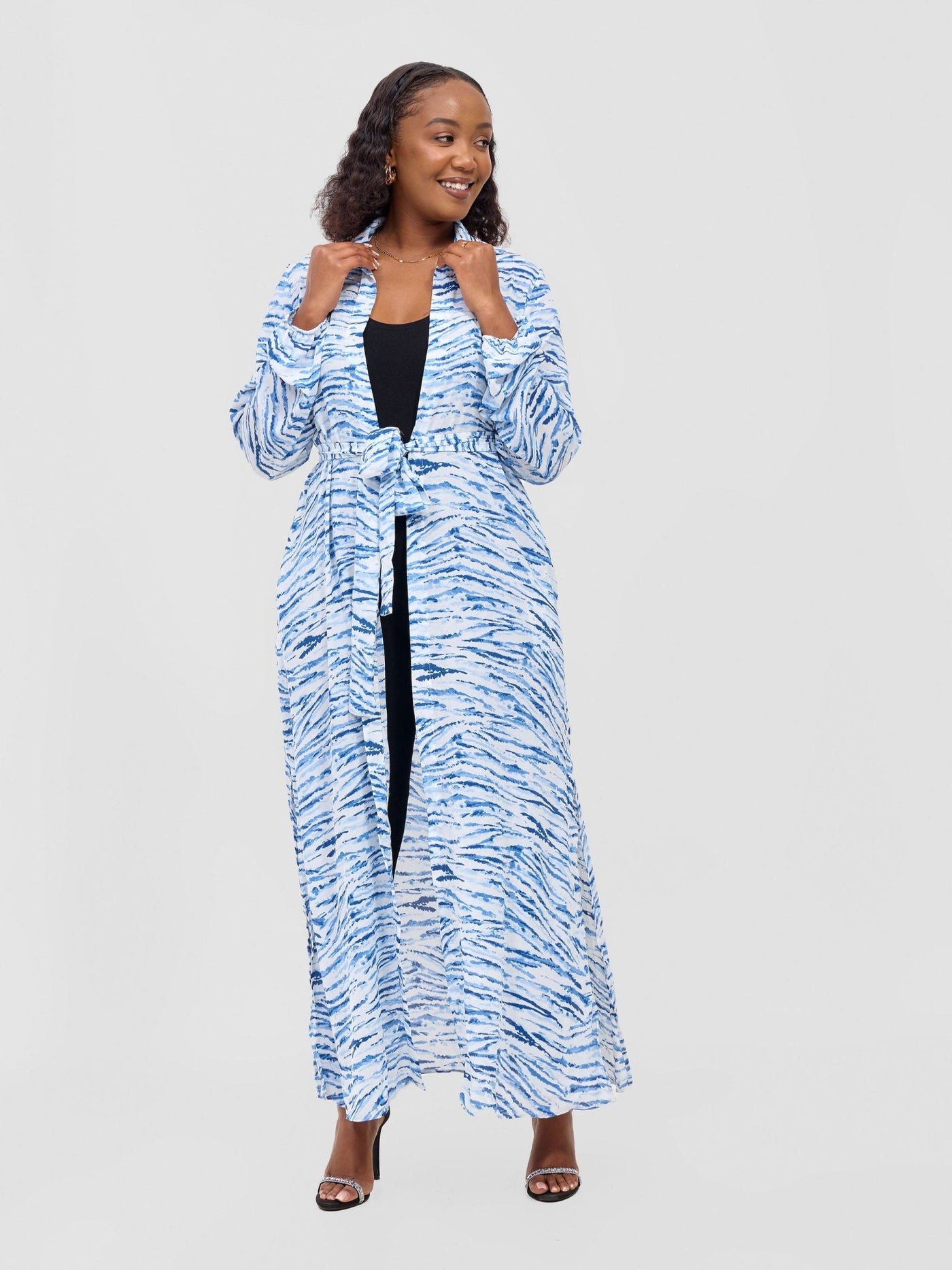 Sana Long Sleeved Maxi cover - Up - White /Blue Animal stripes Print - Shopzetu