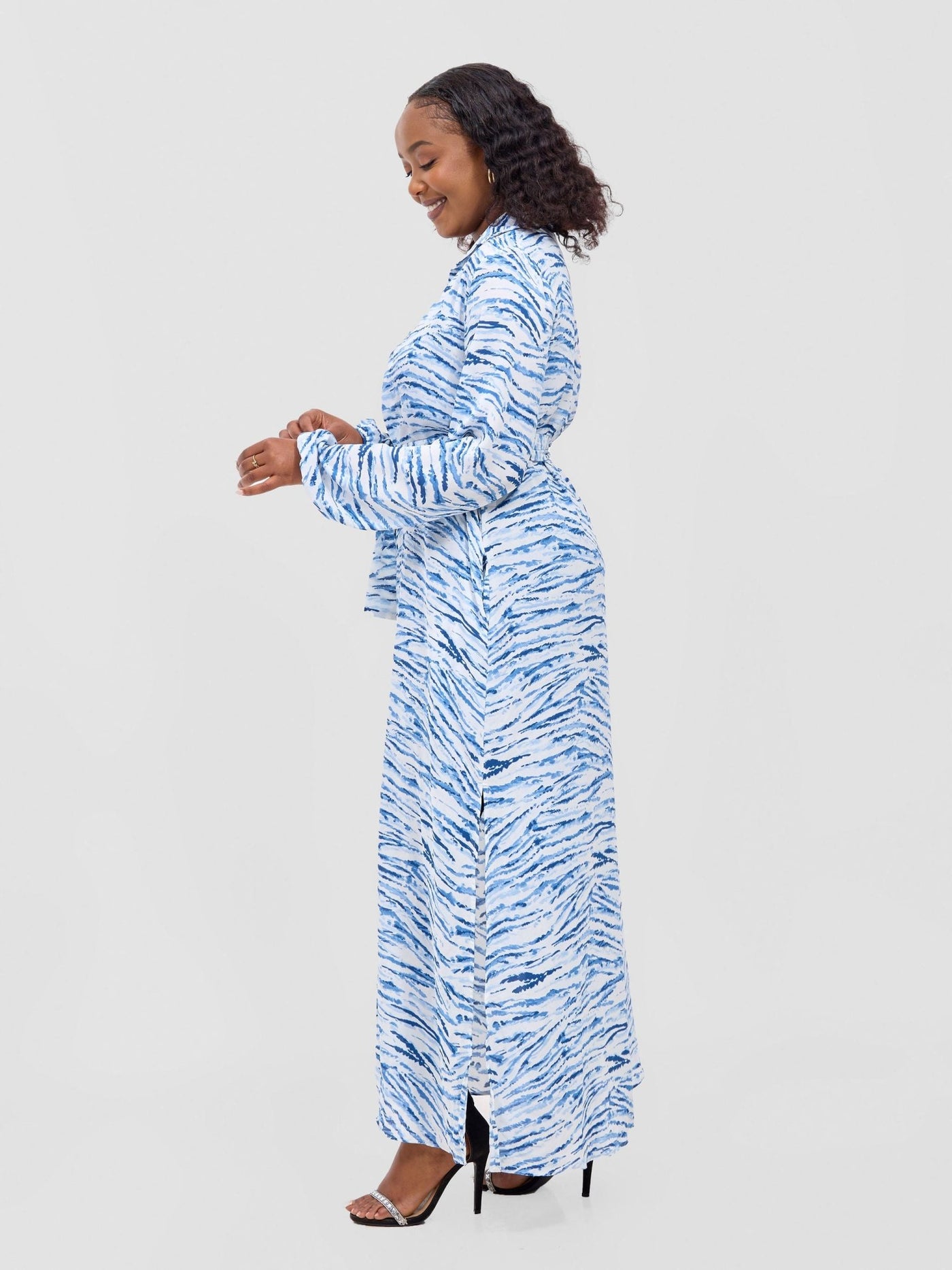 Sana Long Sleeved Maxi cover - Up - White /Blue Animal stripes Print - Shopzetu