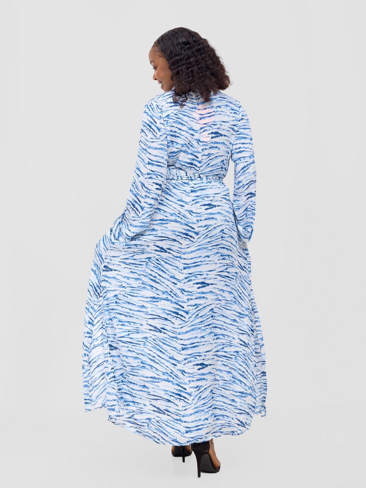 Sana Long Sleeved Maxi cover - Up - White /Blue Animal stripes Print - Shopzetu