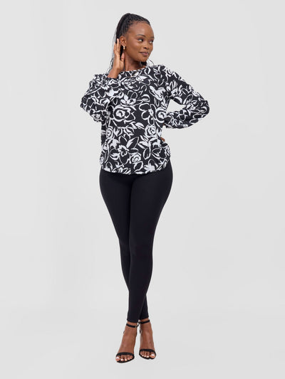 Basic Long Sleeved Bishop Top - Black / White Nima Print - Shopzetu