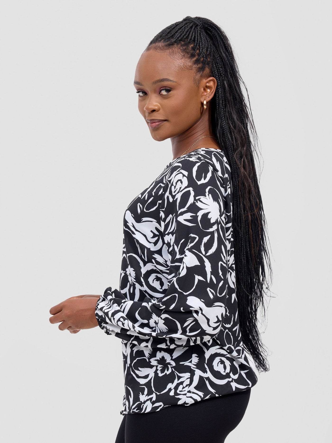 Basic Long Sleeved Bishop Top - Black / White Nima Print - Shopzetu