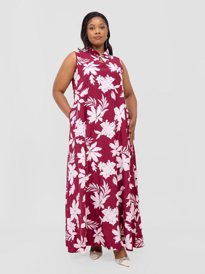 Vivo Asha Sleeveless Maxi Dress - Burgundy Peli Print - Shopzetu