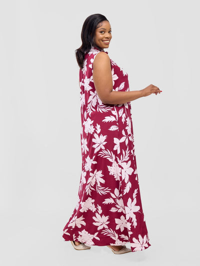 Vivo Asha Sleeveless Maxi Dress - Burgundy Peli Print - Shopzetu