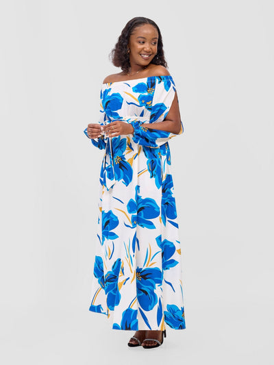 Yumi Off Shoulder Maxi Dress - Blue / Navy Kigali Print - Shopzetu