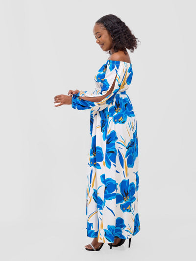 Yumi Off Shoulder Maxi Dress - Blue / Navy Kigali Print - Shopzetu