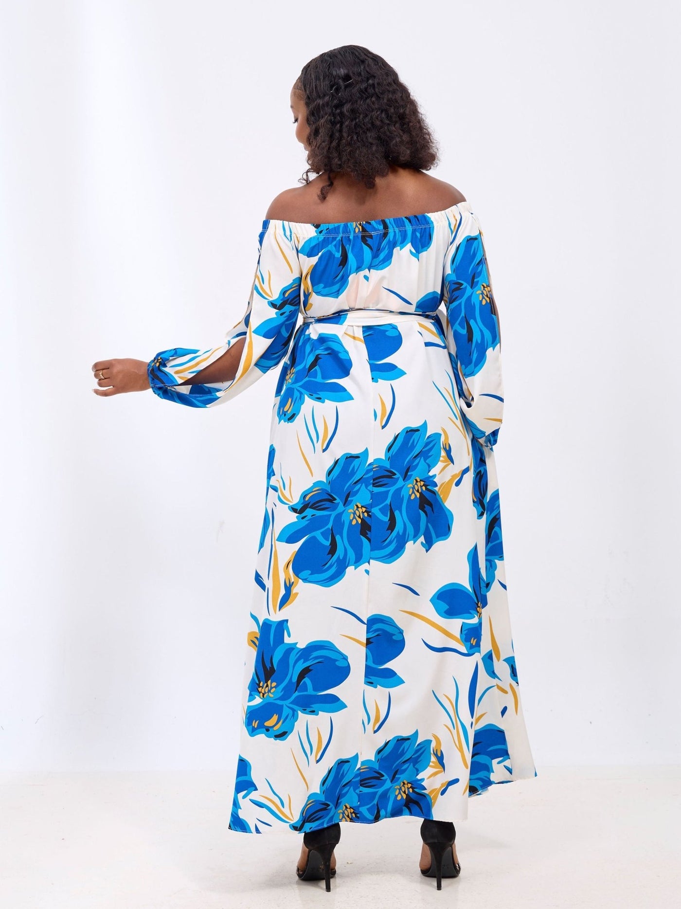 Yumi Off Shoulder Maxi Dress - Blue / Navy Kigali Print - Shopzetu