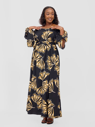 Vivo Yumi Off Shoulder Maxi Dress - Black / Brown Kigali Print - Shopzetu