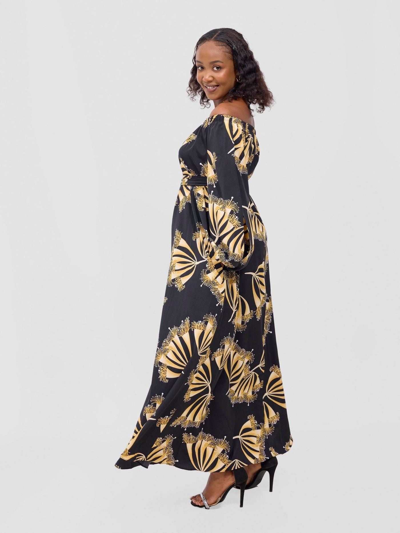 Vivo Yumi Off Shoulder Maxi Dress - Black / Brown Kigali Print - Shopzetu